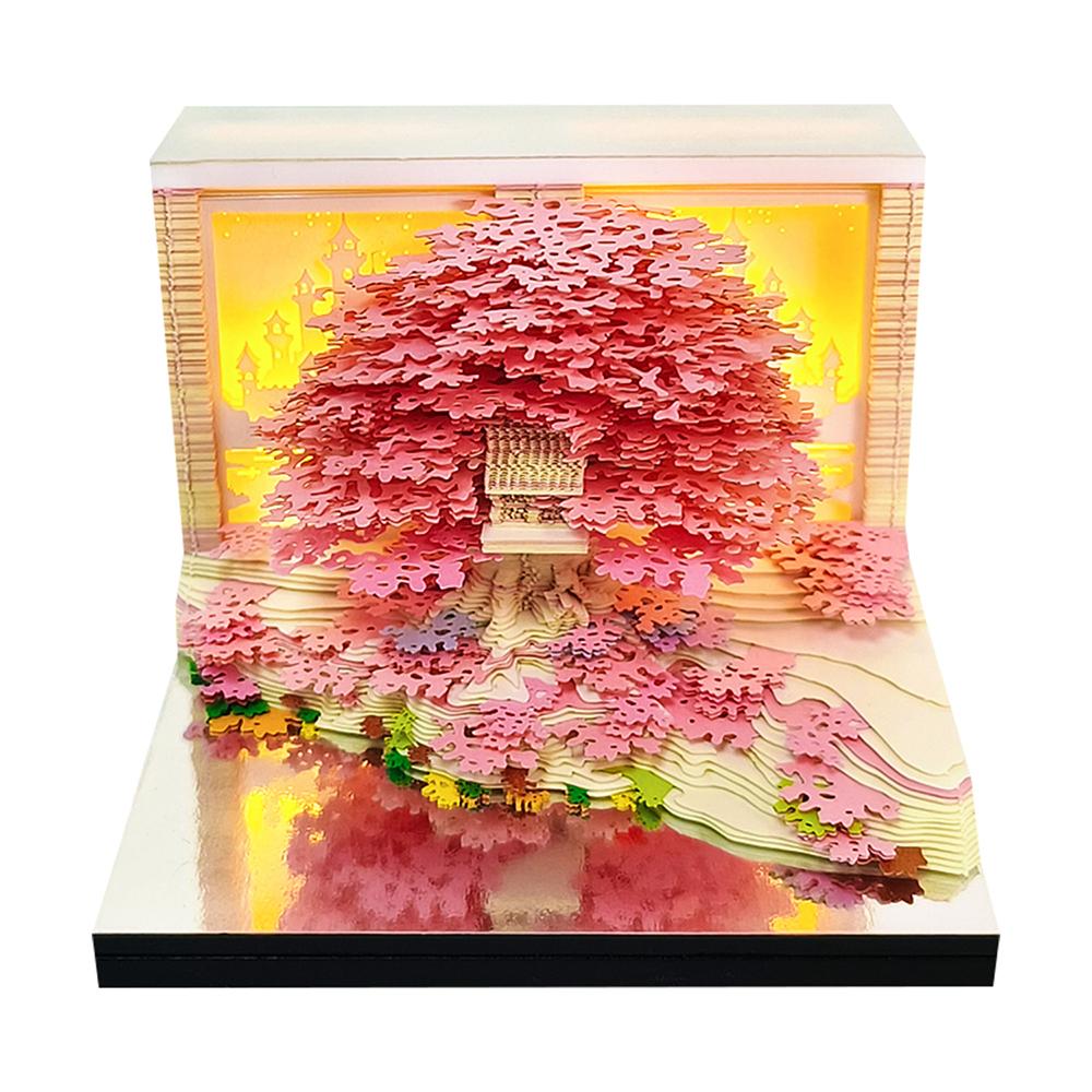 3D Calendar Sticky Notes of Flower Sea and Tree Island 2026 Unique Paper Sculpture Calendar For Desk Decor With Lights Design