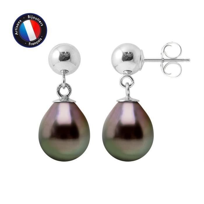 PERLINEA - Boucles dOreilles Comète - Véritables Perles de Culture de Tahiti Ovales 8-9 mm - Argent 925 Millièmes - Bijoux Femme
