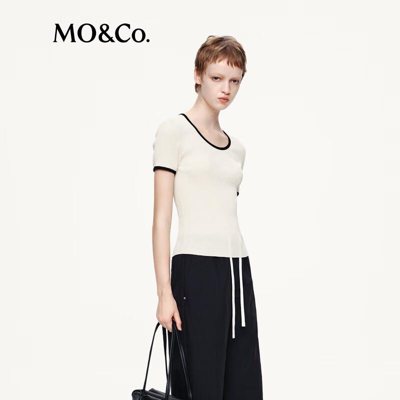 MO&Co. Women's Contrast Trim Round Neck Slim Fit Short Sleeve Knit Top