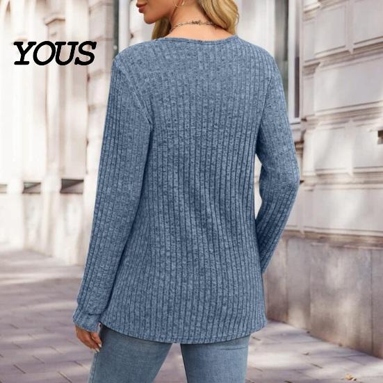 Crew Neck Pullover Women Ribbed Long Sleeve Top, Loose Casual Blouse with Button, Solid Soft Blouses Color ShCrew irt for Spring Autumn Top