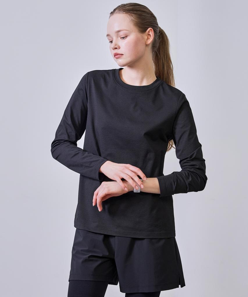 BASIC HOUSE Women'S Breathable Sorona Regular Fit Round Neck Plain Long Sleeve T-Shirt Black