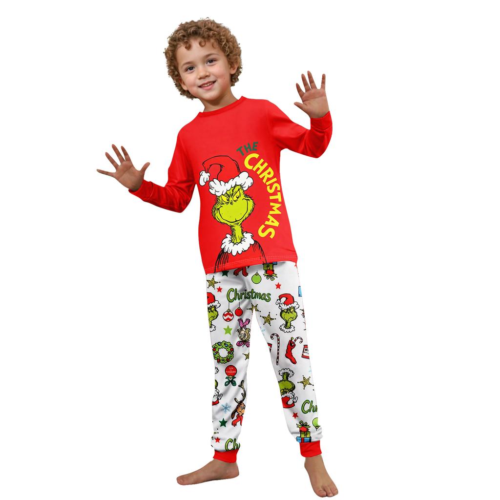 Matching Family Christmas Print Loungewear Set with Long Sleeve Neck Top and Pants for Parents and Kids