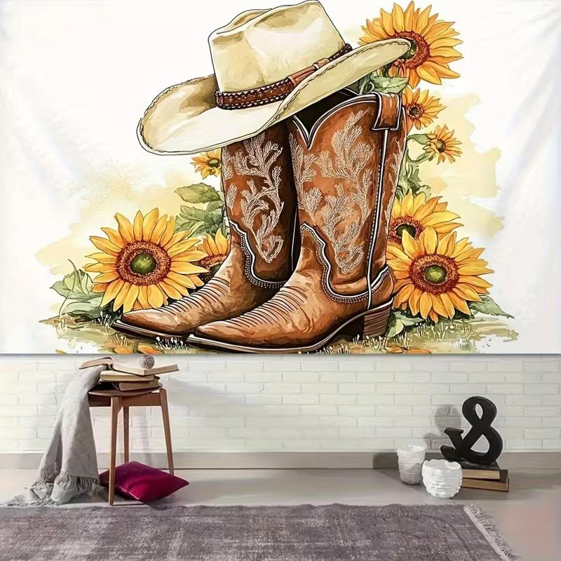 2D Vintage Western Cowboy Hat & Boots Backdrop Sunflower Themed Party Photography Background