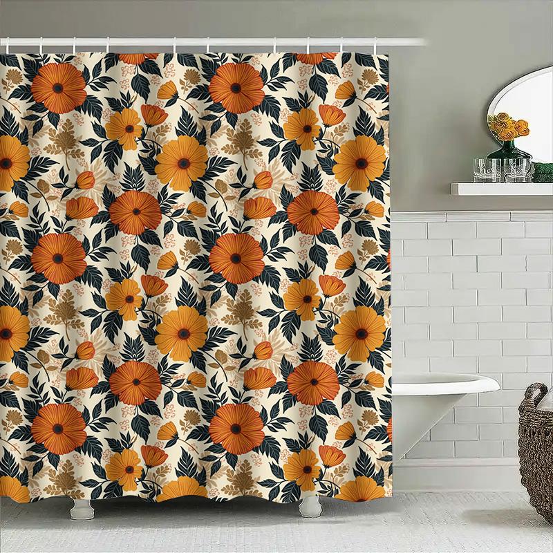 Modern Floral Shower Curtain Orange Flowers Green Leaves Decorative Bathroom Liner For Kids Bathrooms 72 X 39 (180Cm X 99Cm) [Bl