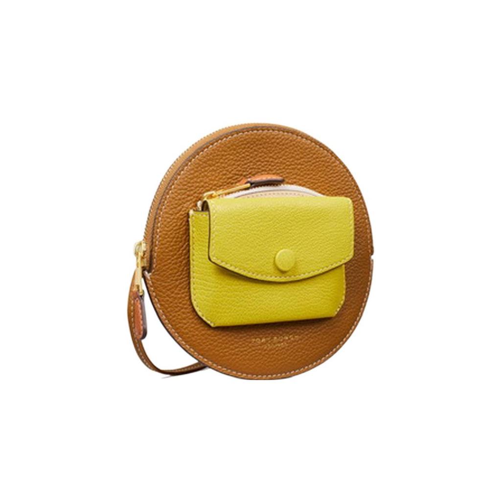 Tory Burch Bonbon Round Pocket Snap Litchi Grain Zipper Closure Leather Shoulder Crossbody Wallet Mini Women bags Brown Yellow 140327-200