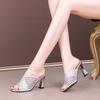 Summer Lady High Heels Sequins Mules Slides Female Sparkly Bling Rhinestone Open Toe Silver Gold Wedding Shoes