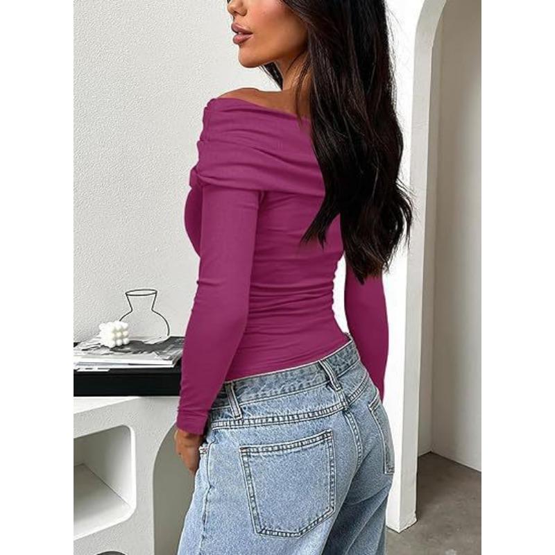 Spring Summer Women's T-Shirts Single Shoulder Long Sleeve Top with Ruffles Outing Sexy Slimming Tops Y2K