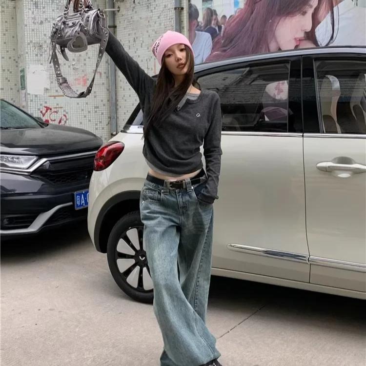 Long Sleeves Korean Fashion Style O-neck Tshirt for Women Fake Two Items T-shirts Ladies Top Tee Clothes
