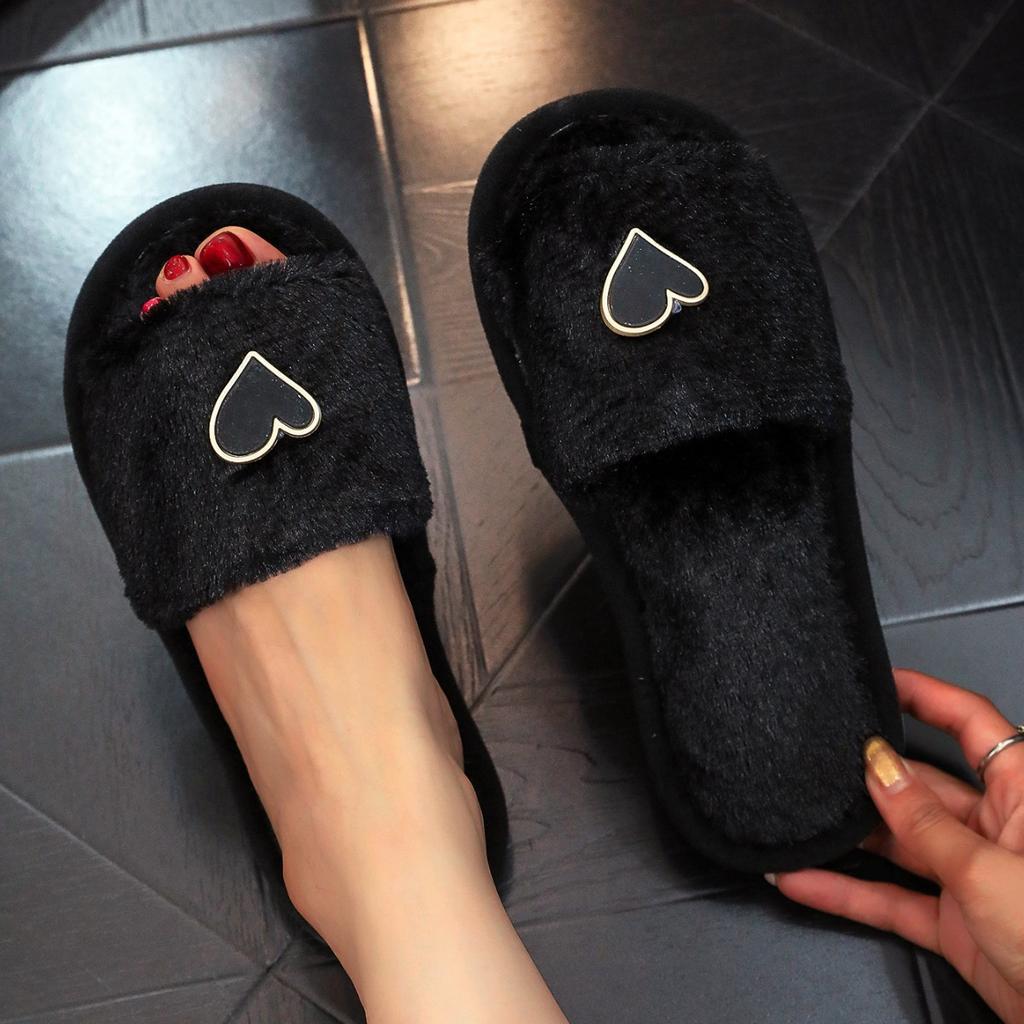 One word fluffy love fashion open toe comfortable autumn and winter wear raw cute cotton slippers