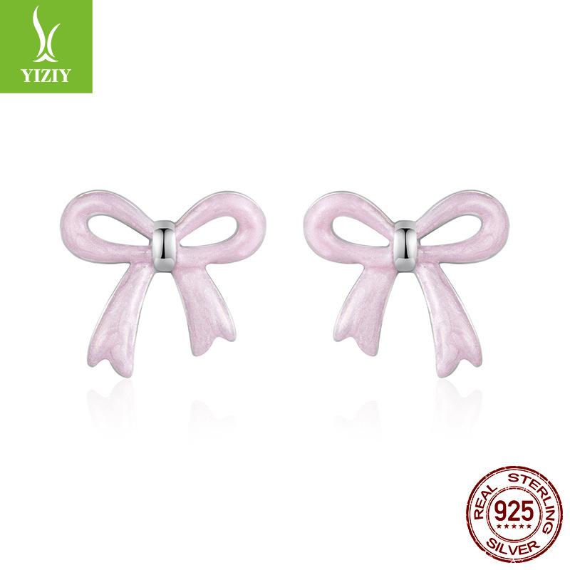 Girly Heart Pink Bow Stud Earrings Female Romantic Princess Style S925 Sterling Silver Stud Earrings
