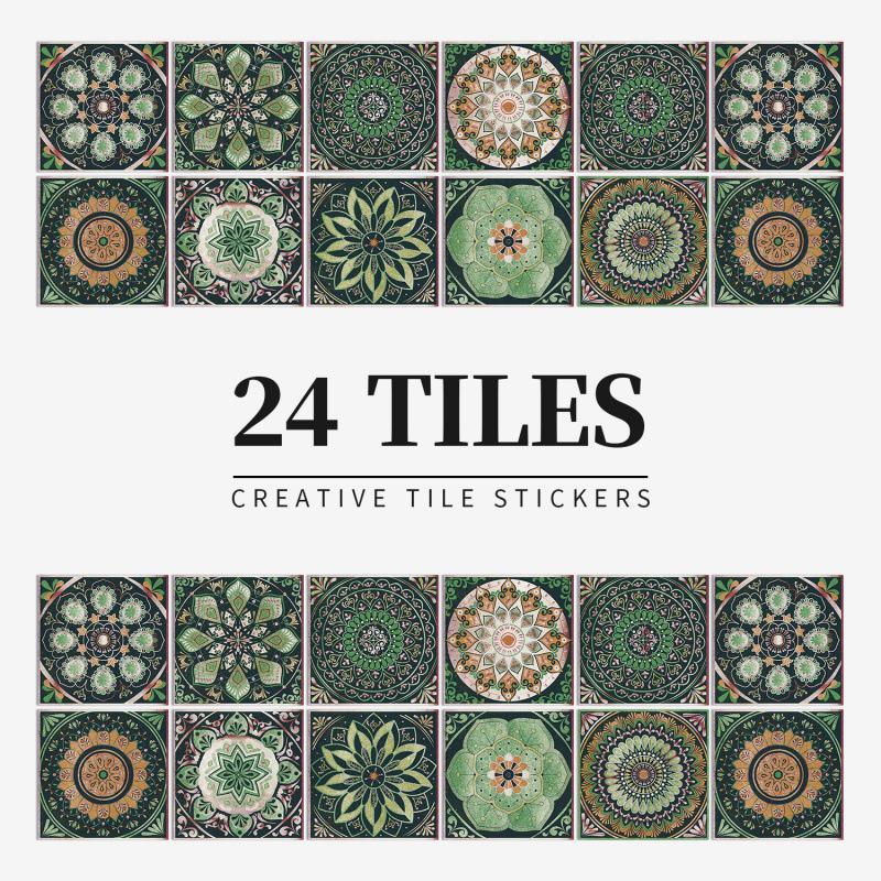 24 European Mandala Flower Tile Stickers: Waterproof, Self-Adhesive PVC for Kitchen & Bathroom Walls