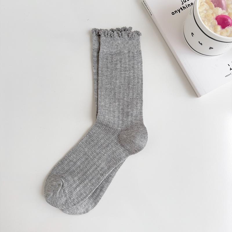 Solid Color Mesh Hollow Socks With Fungus Edge, Women'S Mid-Tube Socks, Trendy Cotton Socks, Summer Thin Ballet-Style Stockings