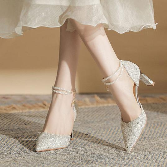 Vestido de noiva prateado sapatos de dama de honra francês ponta salto grosso bar mitzvah pérola oco saltos altos mulheres não se cansam