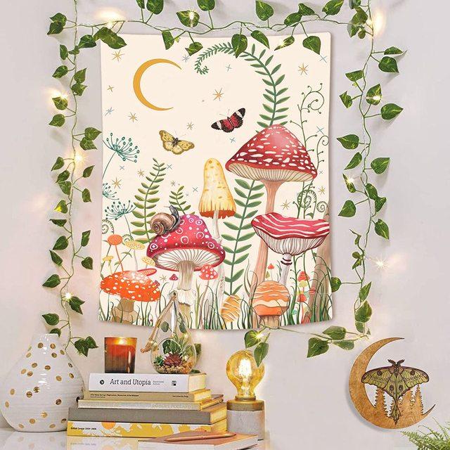

Гобелен с грибами, настенный подвесной лунный сад, украшение для комнаты, аксессуары, лунные звезды, богемный декор, цветы, гобелены с бабочками 95x73cm