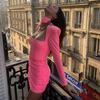 Samt Damen Rollkragen Langarm Mini Kleid Gerafft Ausgeschnitten Schulterpolster Bodycon Sexy Club Party Elegant