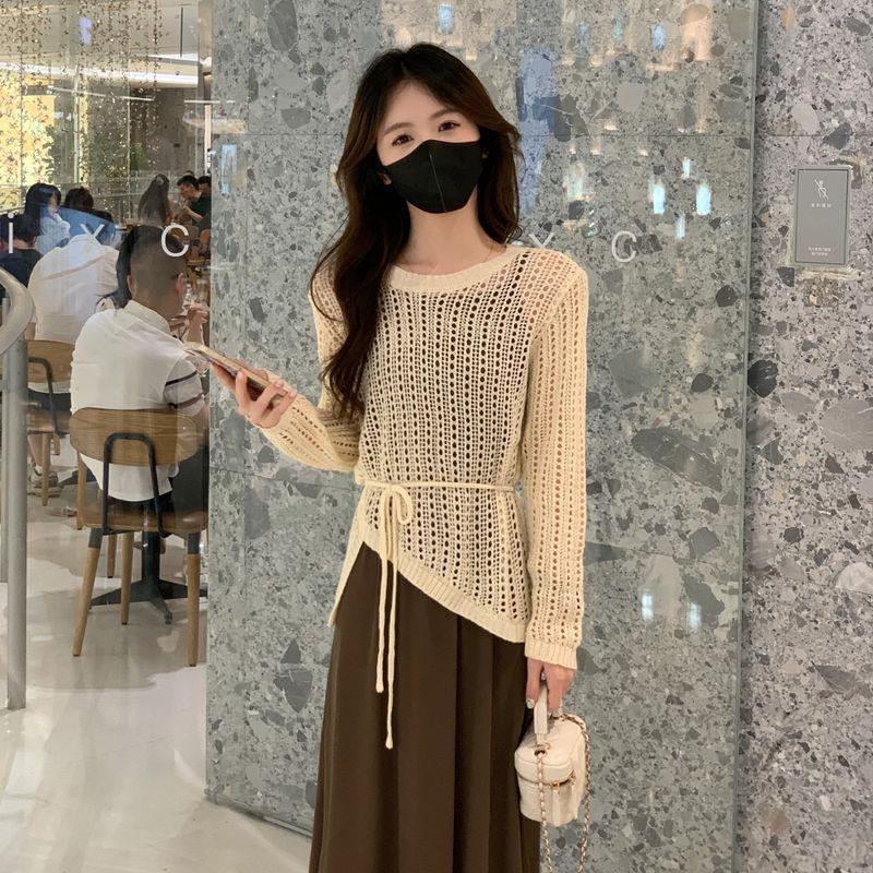 

Популярный красивый костюм этого года Ранняя весна 2025 Новое поступление Женская одежда Длинные рукава Вырез Вязаный трикотаж Юбка на бретелях Костюм-двойка Beige blouse S(80-100)