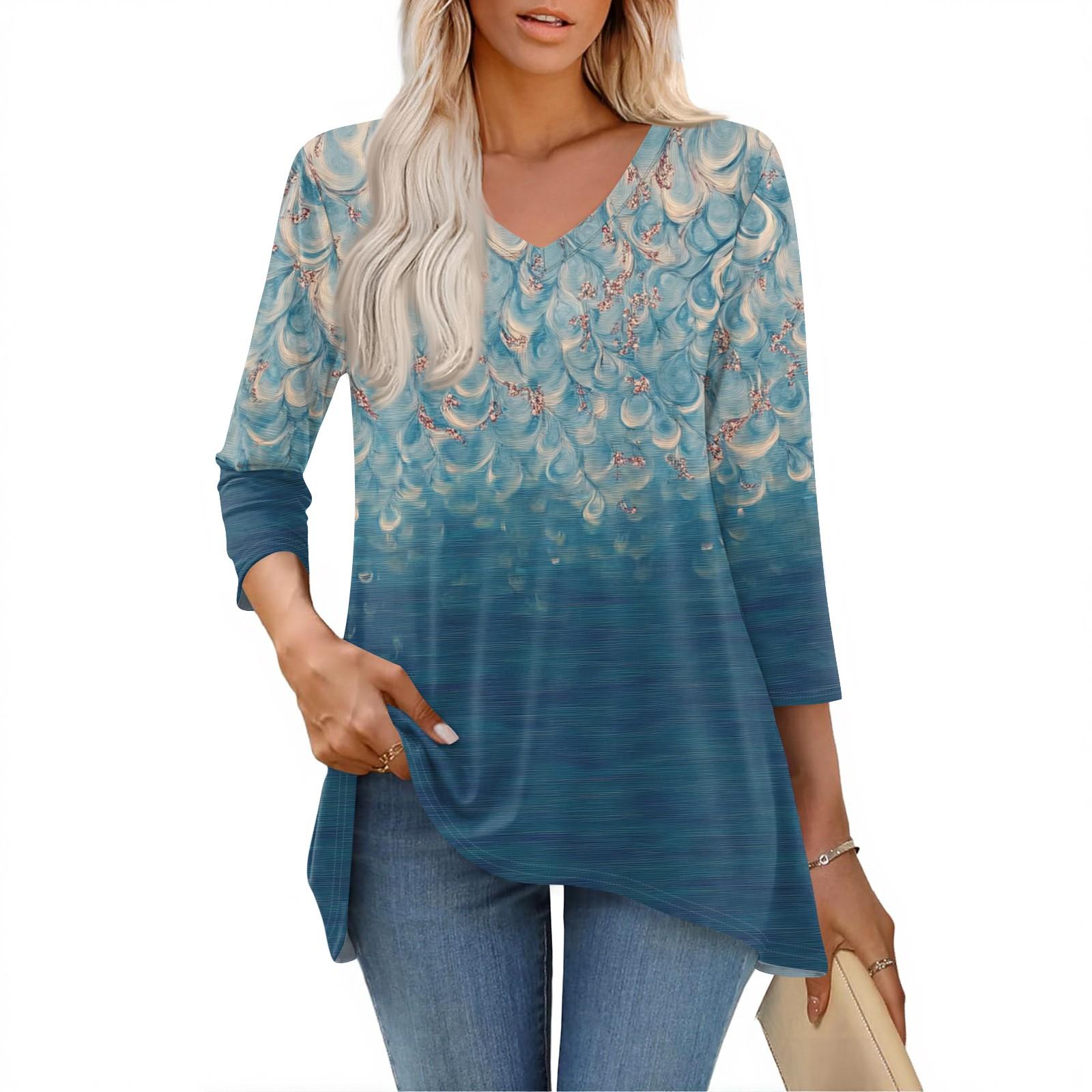 

Женские топы с V-образным вырезом и рукавом 3/4, повседневные блузки средней длины, модные туники с принтом M