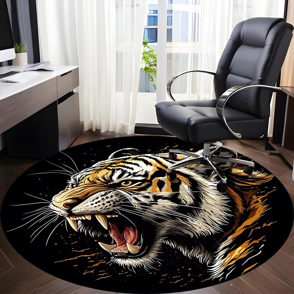 1pc Tiger Roar Print Carpet, Round Non Slip Durable Large Size Office Carpet, Suitable for Office