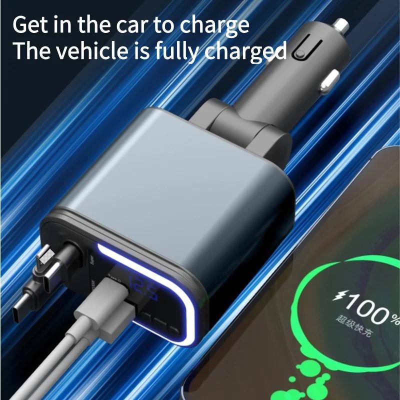 180W Retractable Car Charger 5-IN-1 Bluetooth Car Kit FM Transmitter Fast Phone Charger Handsfree Call U-disk Aux with LED Light