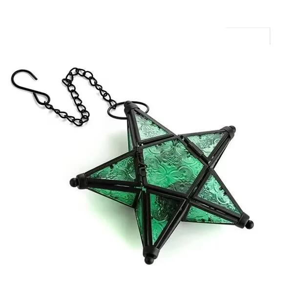 

Nordic Retro Iron Art Colored Glass Wind Lamp Windproof Glass Candle Holder Hanging Five Pointed Star Candlestick Garden Decor