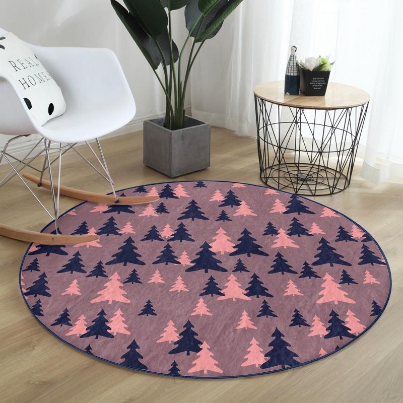 

Digital Printed Modern Orange Living Room and Living Room Round Carpet With Non Slip Base With Pastel Black Pine Tree Pattern On Colorful Floor