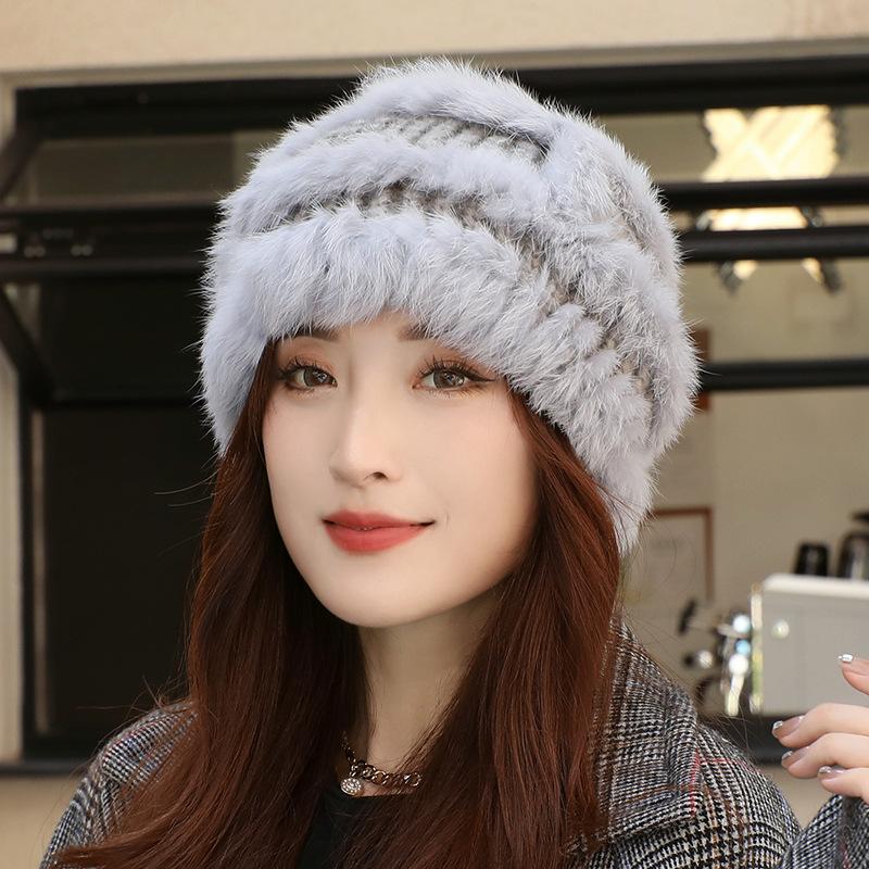 Rabbit Fur Knitted Bucket Hat Women's Autumn and Winter Ear Protection Warm Windproof Wool Hat Winter Hat