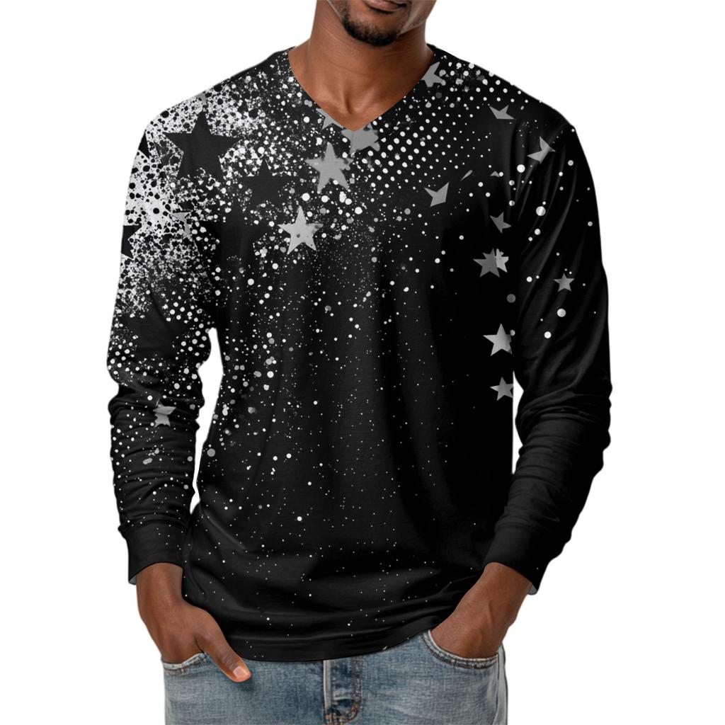 Ανδρικό T-shirt Τοπ με V λαιμόκοψη, casual μόδα, με τύπωμα, μακρυμάνικο