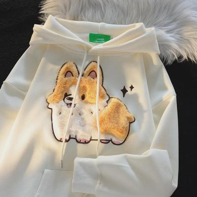Corgi Bestickter Fleece-Hoodie für Damen - Herbst/Winter 2024 Lockere Passform Paar-Pullover