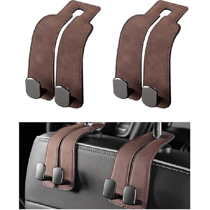 2 PCS Car Seat Headrest Hook, Back Seat Hanger with Double Flexible Leather Hooks, Soft Leather Double Headrest Metal Hooks Purse Handbag Organizer,