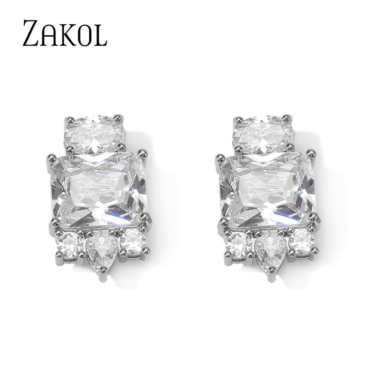 ZAKOL Cute Pink Square Zircon Stud Earrings for Elegant Women Cubic Zirconia Wedding Party Birthday Zircon