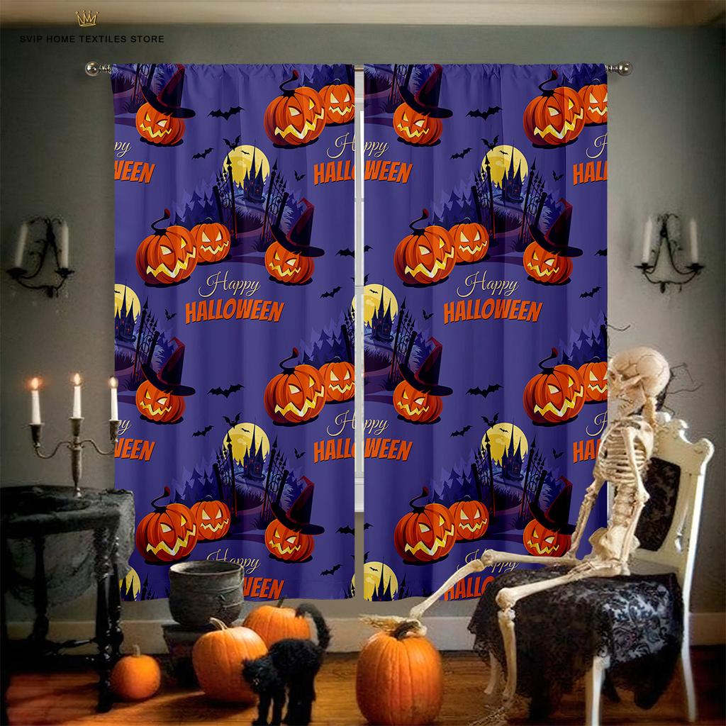 Blackout Insulation Curtains, Cartoon Print, Halloween, Pumpkin, Castle, Bedroom, Restaurant, Holiday Party, Decorative Curtain