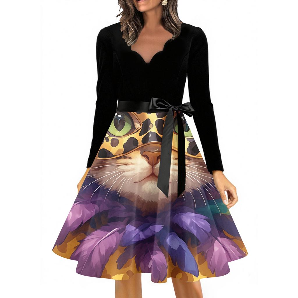 Women's Casual Fashion V Neck Long Sleeve Printed Vintage Long Dress