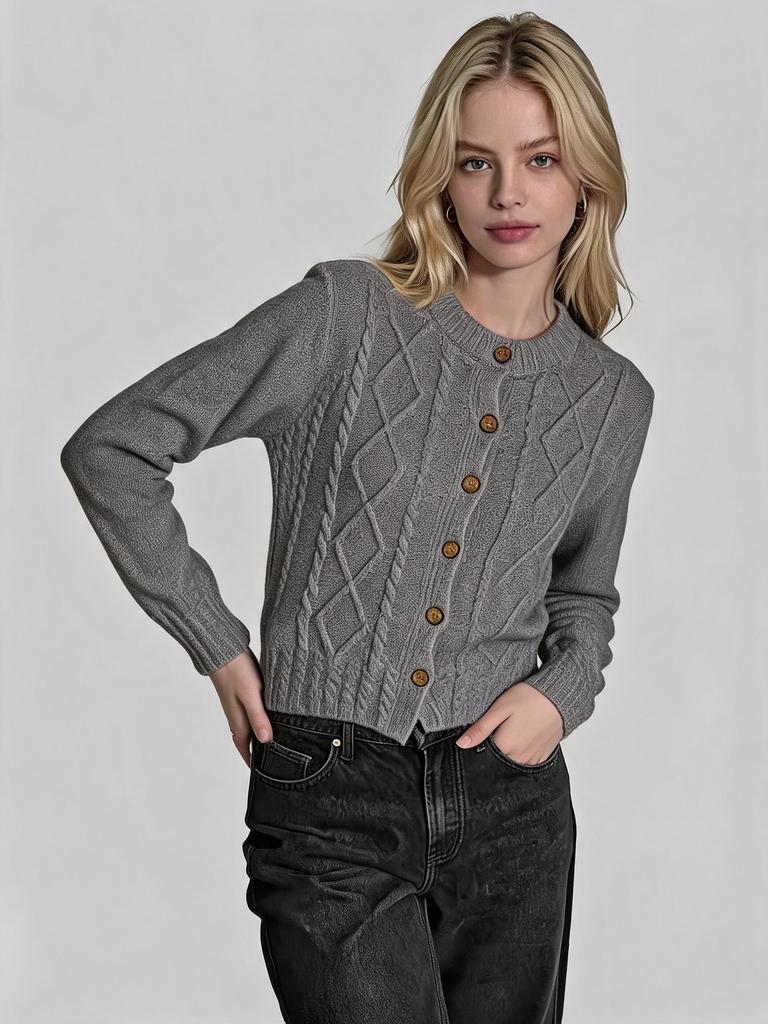 New Crew Neck Knit Cardigan for Women, Autumn/winter Coarse Knit Knit Sweater Jacket, Fashionable Versatile Long-sleeve Top