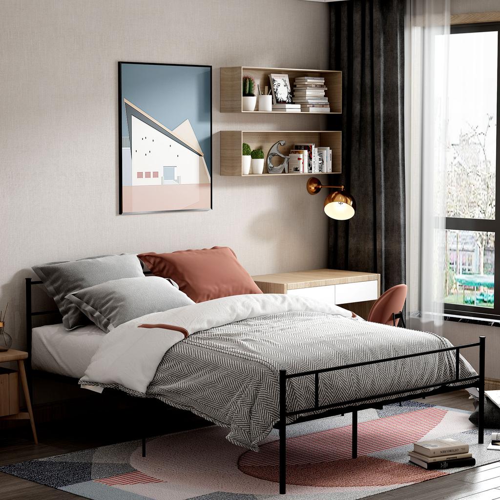 Double Bed Frame in Steel 160x200cm with Slats, Headboard and Footboard - Black