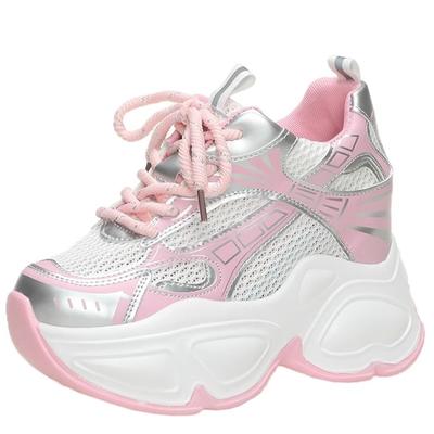 Moda Kobiety Siatka Grube Trampki Lato Wysokie Buty Platformowe 10CM Wysokie Obcasy Koturny Obuwie Codzienne Kobieta Oddychające Sportowe Tata Trampki