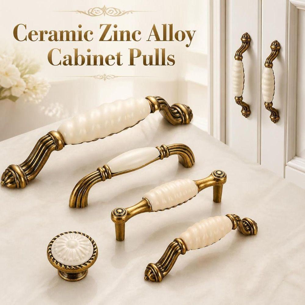 Zinc Alloy Ceramic Cabinet Pulls Antique Gold Retro Vintage Drawer Handles European Style Sturdy Antique Dresser Knobs Furniture