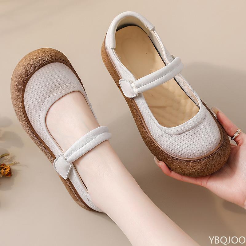 Ladies Mary Jane Shoes Womens Genuine Leather Comfort Flats Hollow Fashion Hook Loop Lightweight Soft Shoes Woman Strap Moccasin