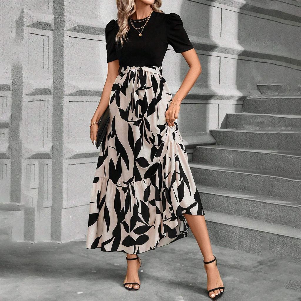 Women's Short-sleeve -color Dress With Patchwork Print, Fashionable Printed Long Dress