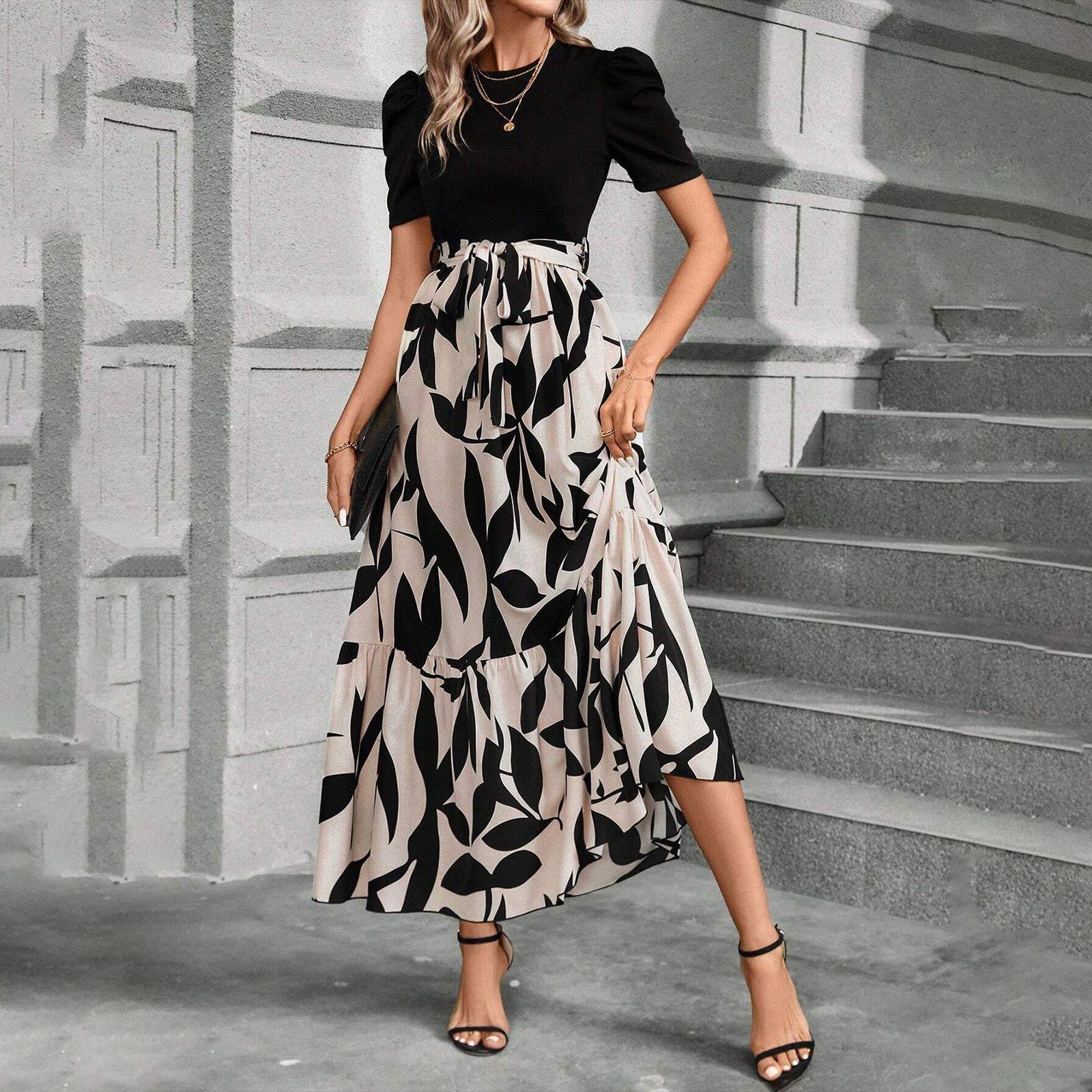 

Women s Short-sleeve -color Dress With Patchwork Print, Fashionable Printed Long Dress L хакі