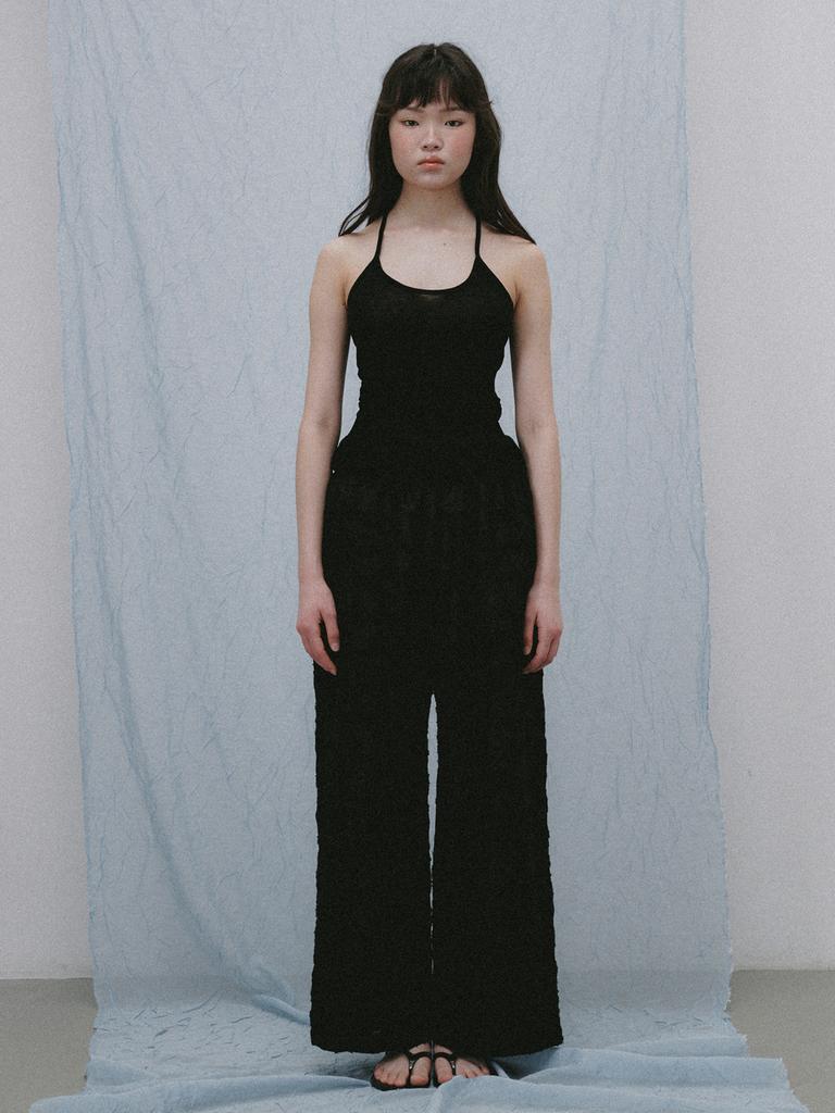 PLATDUJOUR Flower Elastic Waist Pants (Black)