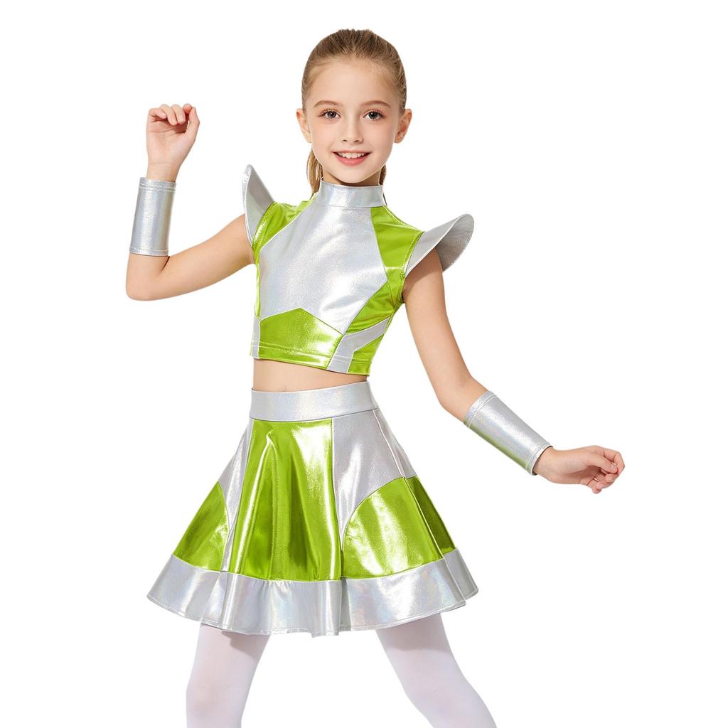 Girls Halloween Alien Cosplay Costume 3 Pieces Cap Sleeve Glossy Metallic Short Top Skirt Oversleeves