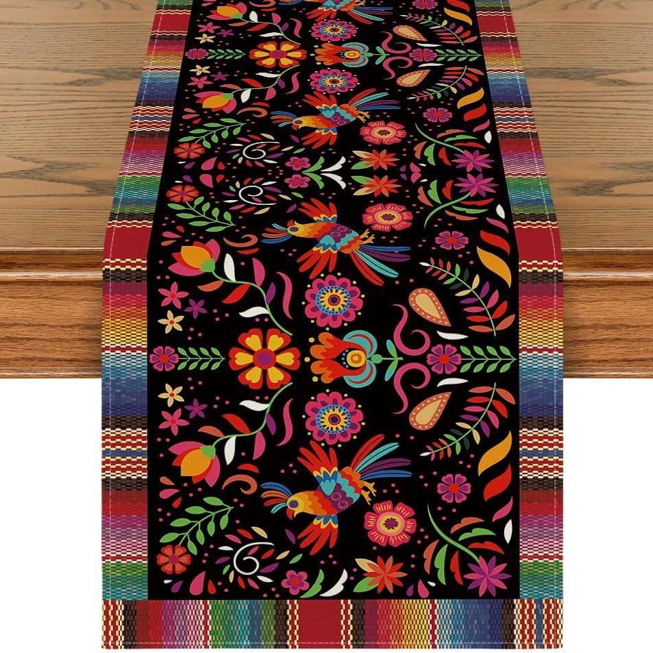 Flowers Sugar Skull Mexican Day of The Dead Table Runner,Dia De Los Muertos Kitchen Dining Table Decoration for Home Party Decor