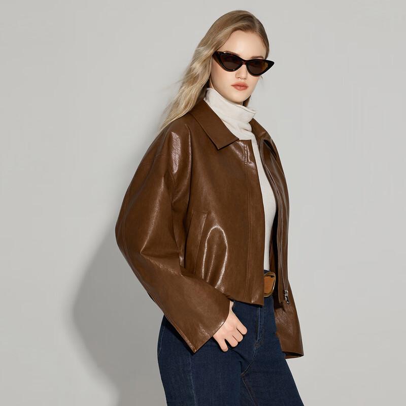 Damska Krótka Kurtka Retro ze Skóry PU z Długim Rękawem