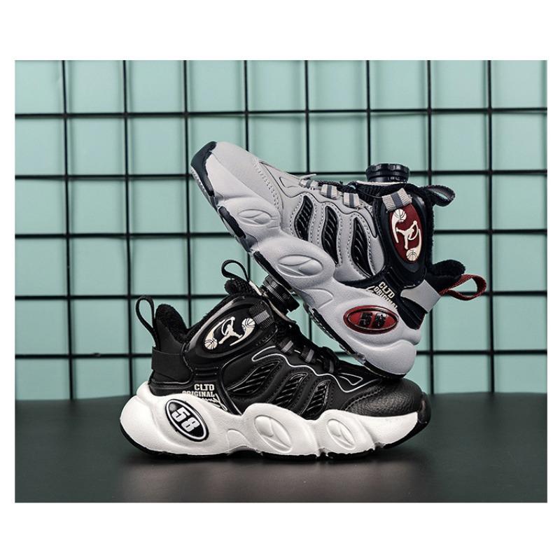 Boys' Shoes Autumn and Winter New Two Cotton Plus Fleece Warm Children's Sports Shoes Rotating Buttons Large Children's Basketball Shoes