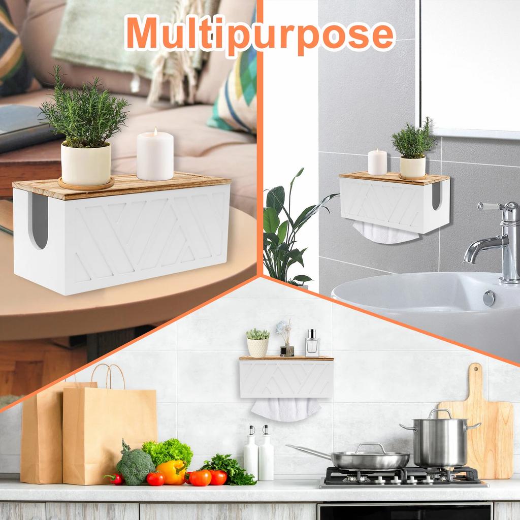 Wooden Paper Towel Holder Wall Mount, Bathroom Kitchen Organizer with Detachable Lid, Rustic Tissue Roll Dispenser