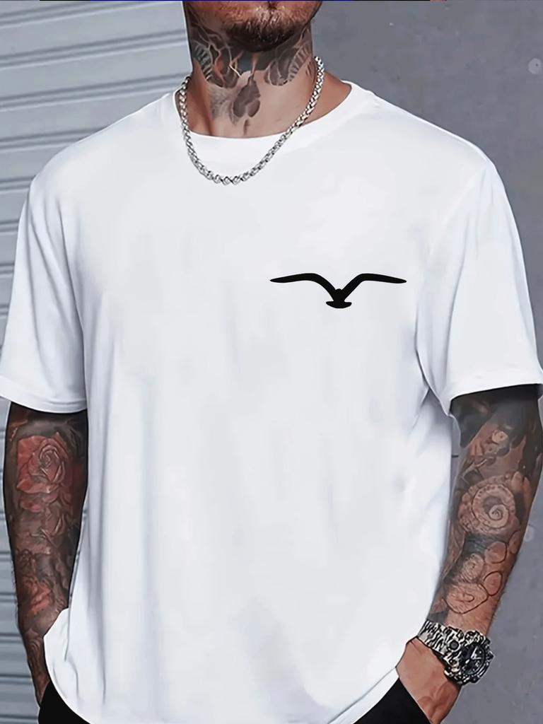 Unisex Crew Neck Tee Minimal Seagull Chest Silhouette Print Short Sleeve Oversized Male Daily Casual Soft Breathable Basic Wear Top