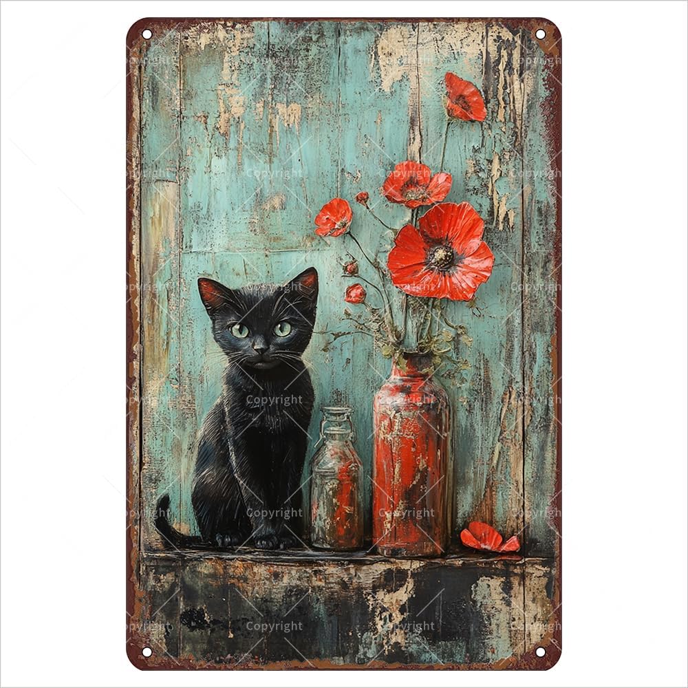 

1xVintage Tin Sign 12x8 Black with Red Flowers and Rustic Bottles 3D Art Flat Metal Tin Signs with 3D Effect Retraluminu aluminum 20x30cm