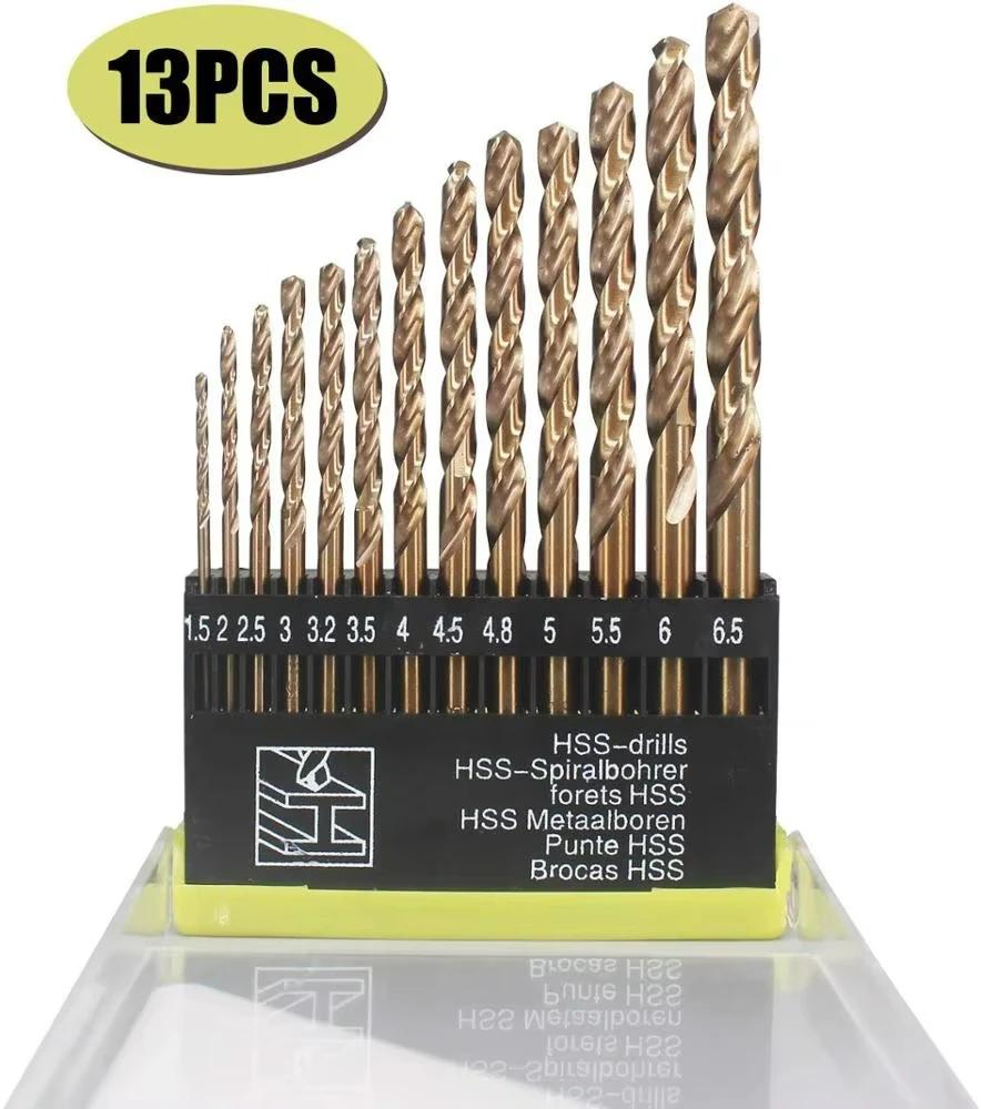 Perfactool 13pc HSS 1.5-6.5mm Round Shank Twist Drill Bit Set Titanium Coated Drilling Hole for Metal PVC Board