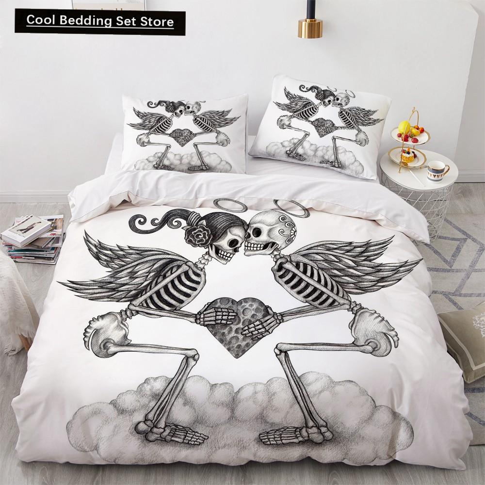 Skull Couple King Queen Duvet Cover Skeleton Bride Bedding Set for Kids Teens Adults Halloween White 2/3pcs Soft Quilt Cover