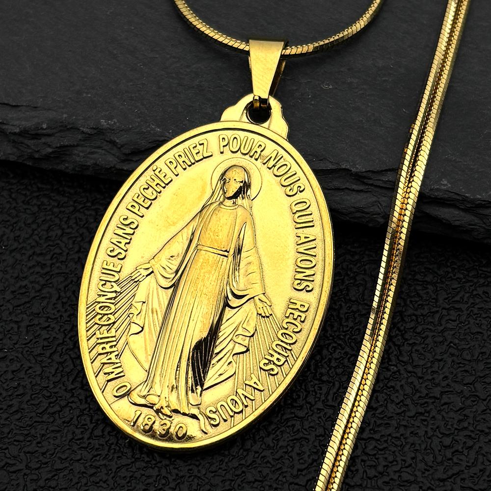 Catholic French Virgin Mary Pendant Necklace for Women Men Stainless Steel Gold Color 1830 Our Lady of Lourdes Chain Jewelry